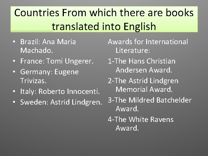 Countries From which there are books translated into English • Brazil: Ana Maria Machado.