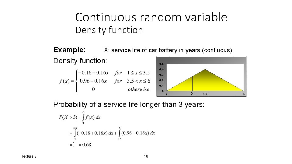 Continuous random variable Density function Example: X: service life of car battery in years