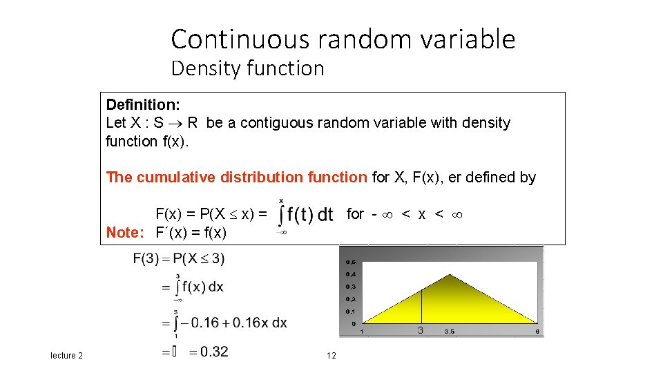 Continuous random variable Density function Definition: Let X : S R be a contiguous