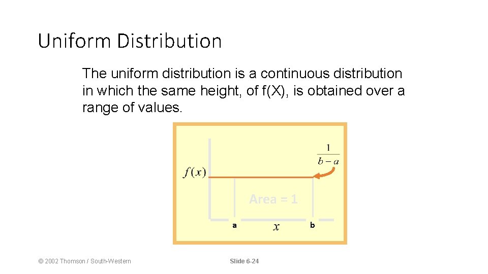 Uniform Distribution The uniform distribution is a continuous distribution in which the same height,