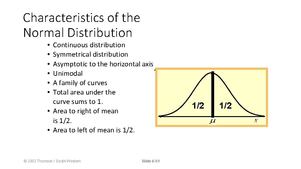 Characteristics of the Normal Distribution Continuous distribution Symmetrical distribution Asymptotic to the horizontal axis
