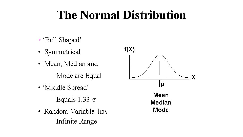 The Normal Distribution • ‘Bell Shaped’ • Symmetrical f(X) • Mean, Median and Mode
