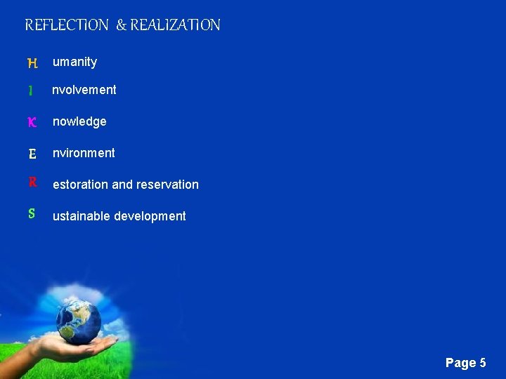 REFLECTION & REALIZATION H umanity I nvolvement K nowledge E nvironment R estoration and