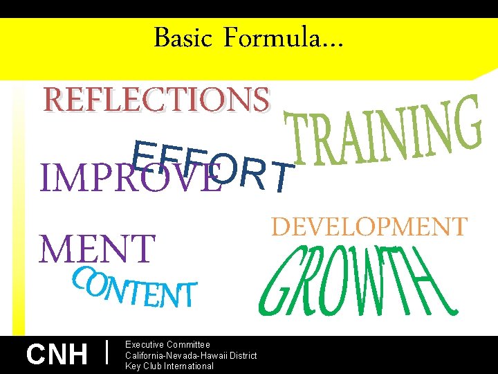 Basic Formula… REFLECTIONS EFFOR IMPROVE T MENT CNH | Executive Committee California-Nevada-Hawaii District Key