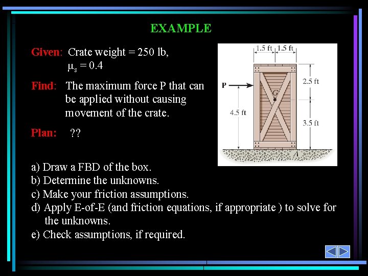 EXAMPLE Given: Crate weight = 250 lb, s = 0. 4 Find: The maximum