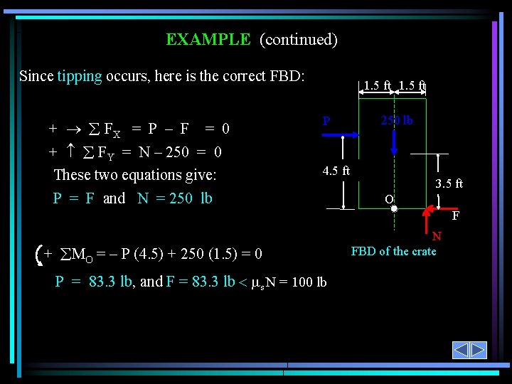 EXAMPLE (continued) Since tipping occurs, here is the correct FBD: + FX = P