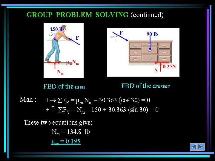 GROUP PROBLEM SOLVING (continued) FBD of the man Man : FBD of the dresser