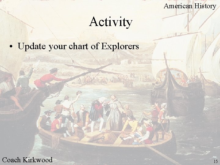 American History Activity • Update your chart of Explorers Coach Kirkwood 15 