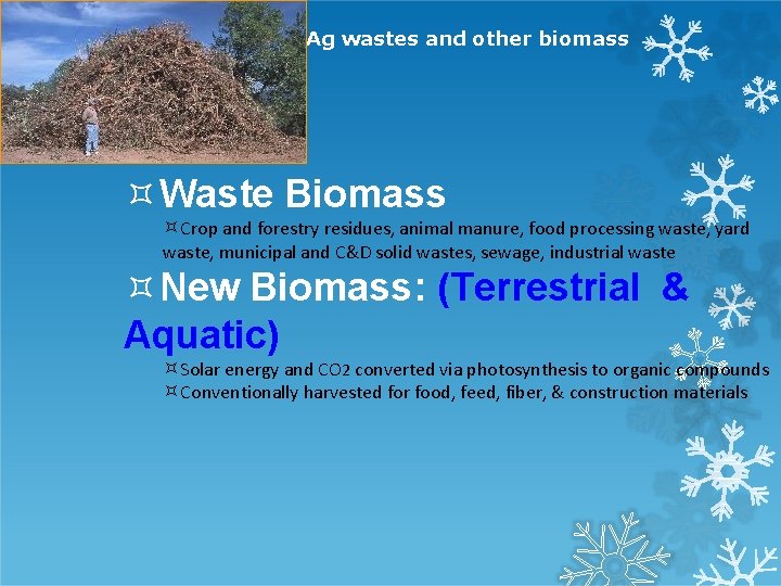 Ag wastes and other biomass Waste Biomass Crop and forestry residues, animal manure, food