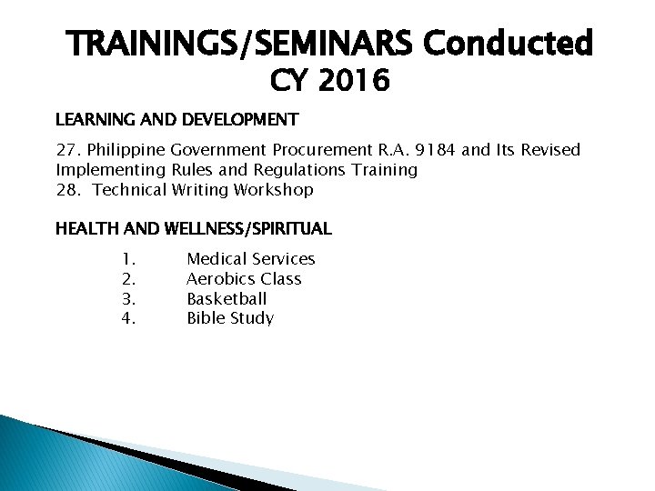 TRAININGS/SEMINARS Conducted CY 2016 LEARNING AND DEVELOPMENT 27. Philippine Government Procurement R. A. 9184