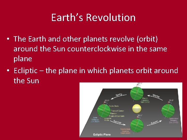 Earth’s Revolution • The Earth and other planets revolve (orbit) around the Sun counterclockwise