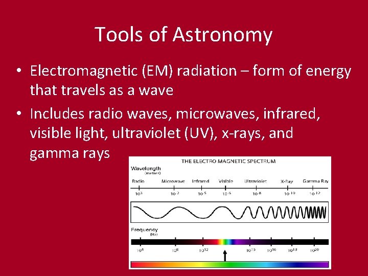 Tools of Astronomy • Electromagnetic (EM) radiation – form of energy that travels as