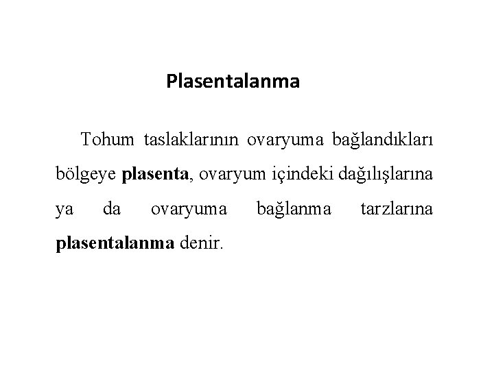 Plasentalanma Tohum taslaklarının ovaryuma bağlandıkları bölgeye plasenta, ovaryum içindeki dağılışlarına ya da ovaryuma plasentalanma