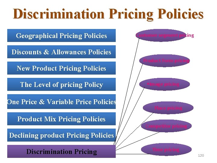 Discrimination Pricing Policies Geographical Pricing Policies Customer segment pricing Discounts & Allowances Policies Product