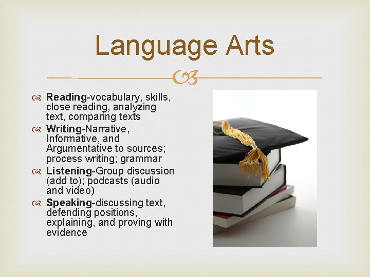 Language Arts Reading-vocabulary, skills, close reading, analyzing text, comparing texts Writing-Narrative, Informative, and Argumentative