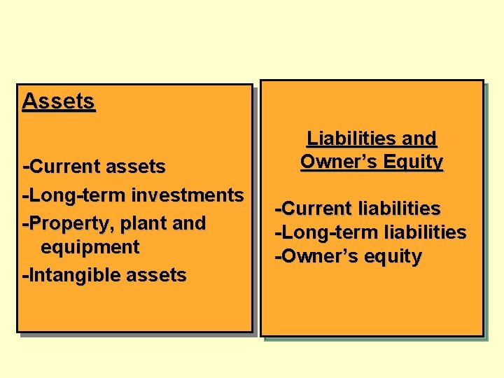 Assets -Current assets -Long-term investments -Property, plant and equipment -Intangible assets Liabilities and Owner’s