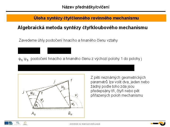 Název přednášky/cvičení Úloha syntézy čtyřčlenného rovinného mechanismu Algebraická metoda syntézy čtyřkloubového mechanismu Zavedeme úhly