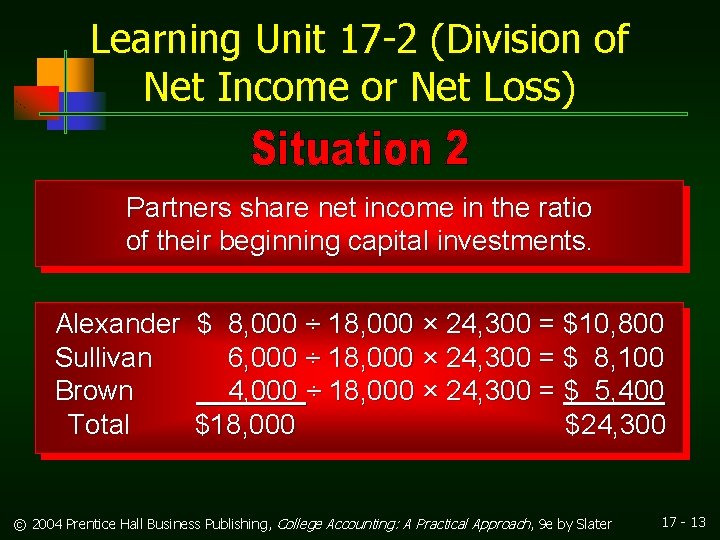 Learning Unit 17 -2 (Division of Net Income or Net Loss) Partners share net