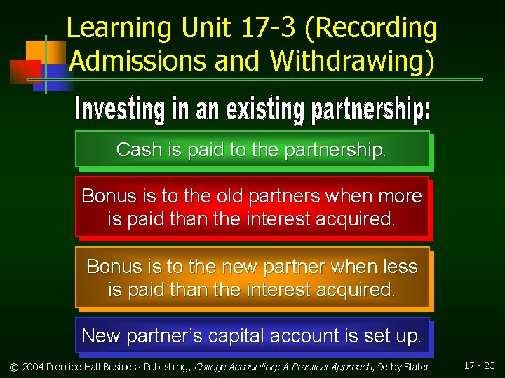 Learning Unit 17 -3 (Recording Admissions and Withdrawing) Cash is paid to the partnership.