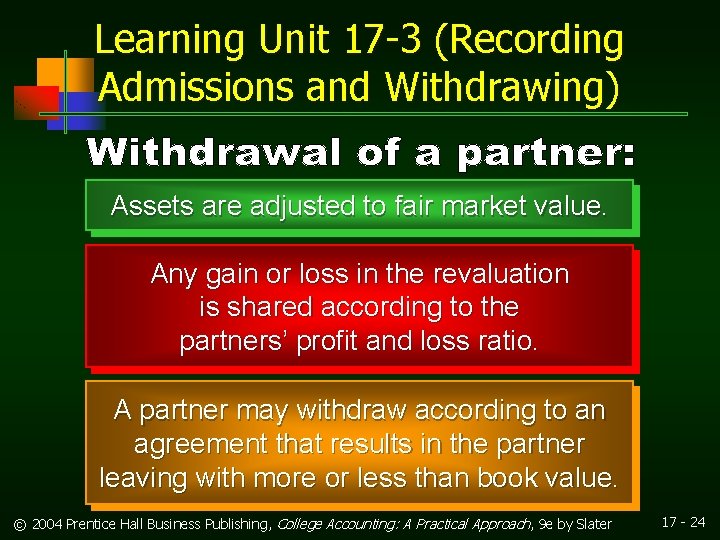 Learning Unit 17 -3 (Recording Admissions and Withdrawing) Assets are adjusted to fair market