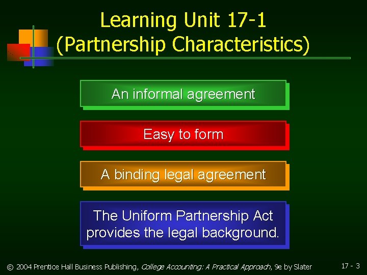 Learning Unit 17 -1 (Partnership Characteristics) An informal agreement Easy to form A binding