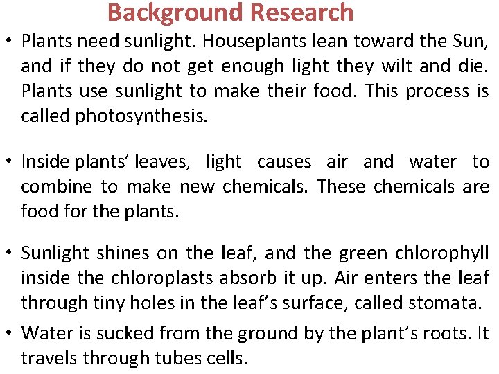 Background Research • Plants need sunlight. Houseplants lean toward the Sun, and if they