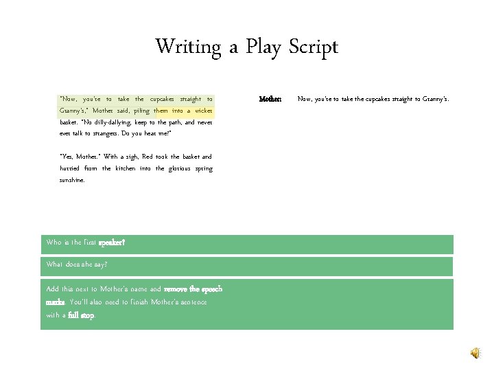 Writing a Play Script “Now, you’re to take the cupcakes straight to Granny’s, ”