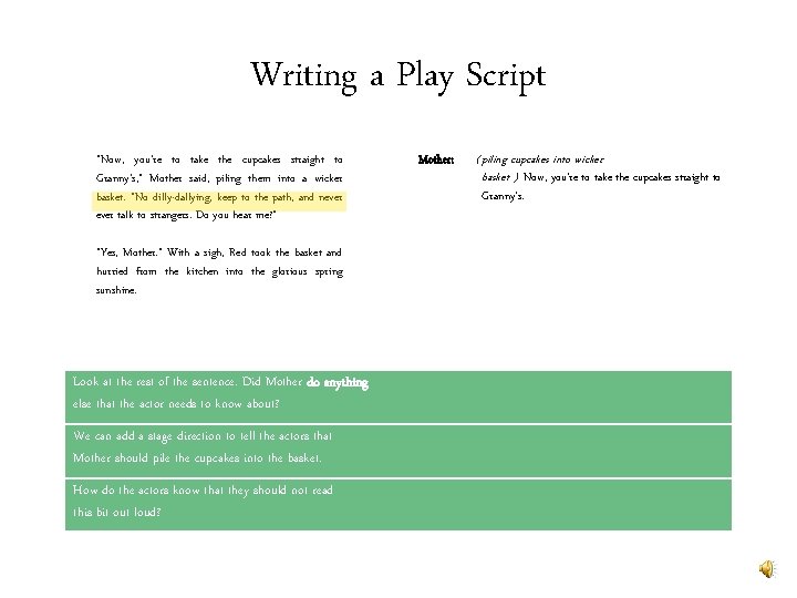 Writing a Play Script “Now, you’re to take the cupcakes straight to Granny’s, ”