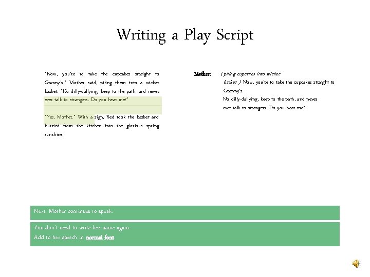 Writing a Play Script “Now, you’re to take the cupcakes straight to Granny’s, ”