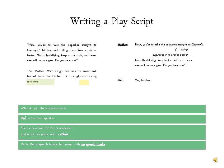 Writing a Play Script “Now, you’re to take the cupcakes straight to Granny’s, ”