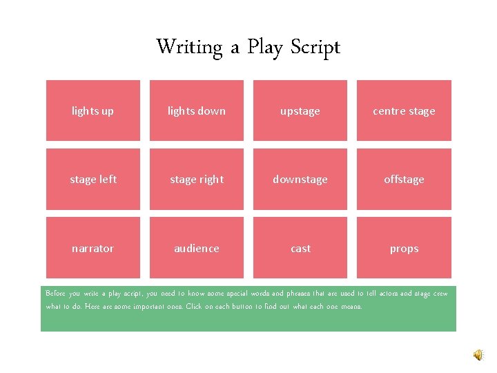 Writing a Play Script lights up lights down upstage centre stage left stage right