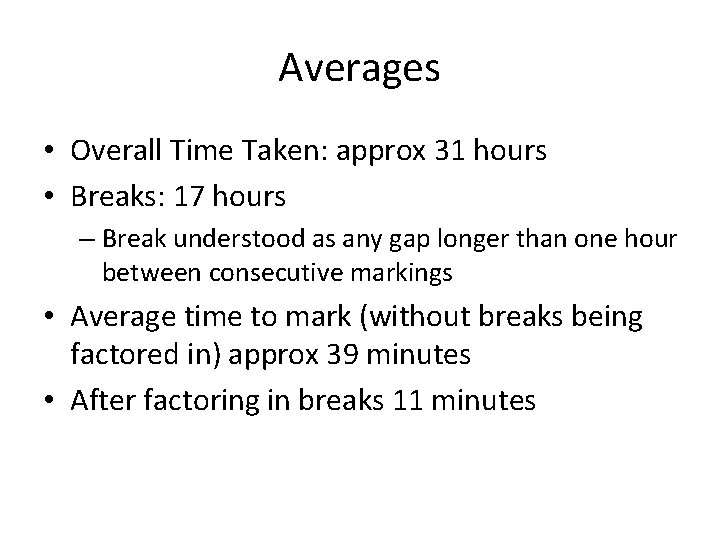 Averages • Overall Time Taken: approx 31 hours • Breaks: 17 hours – Break