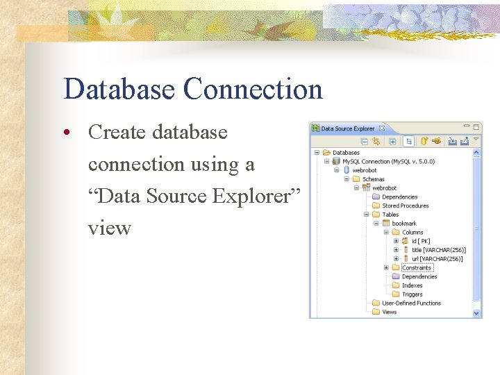 Database Connection • Create database connection using a “Data Source Explorer” view 