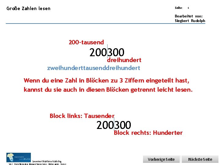 Übungsart: Große Zahlen lesen Seite: 6 Bearbeitet von: Siegbert Rudolph 200 -tausend 200300 dreihundert