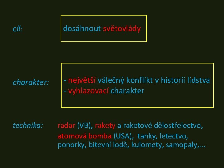 cíl: dosáhnout světovlády charakter: - největší válečný konflikt v historii lidstva - vyhlazovací charakter