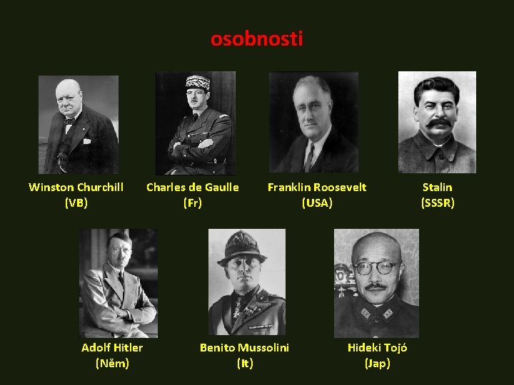 osobnosti Winston Churchill (VB) Adolf Hitler (Něm) Charles de Gaulle (Fr) Franklin Roosevelt (USA)