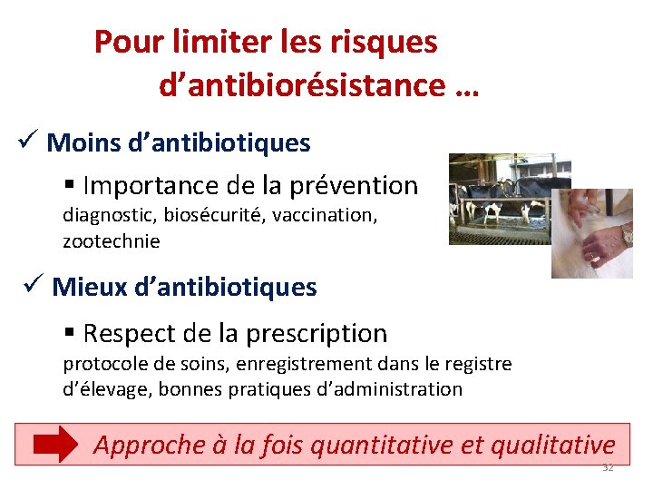 Pour limiter les risques d’antibiorésistance … ü Moins d’antibiotiques § Importance de la prévention