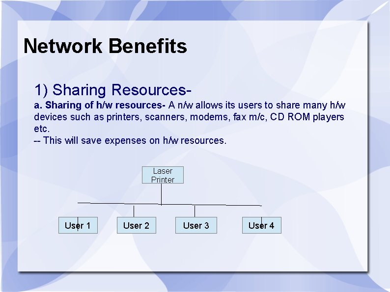 Network Benefits 1) Sharing Resourcesa. Sharing of h/w resources- A n/w allows its users