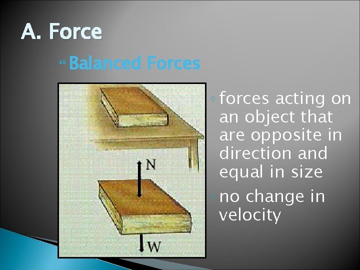 A. Force Balanced Forces ◦ forces acting on an object that are opposite in