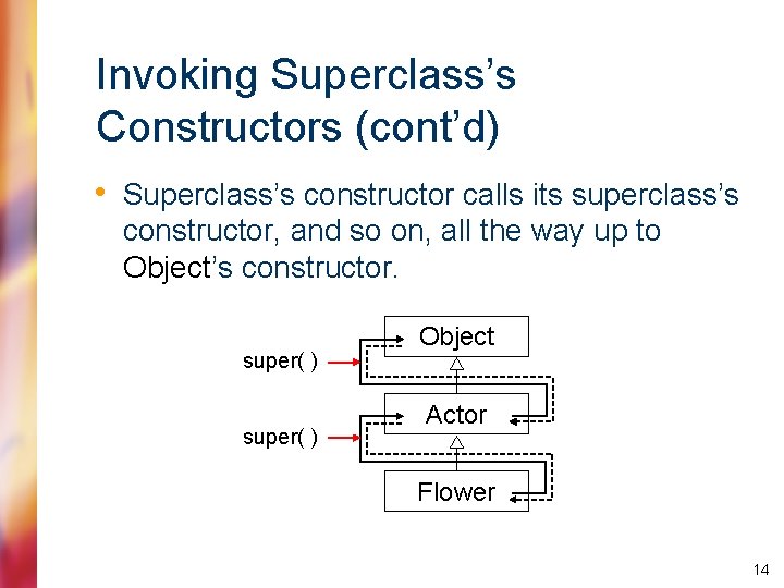 Invoking Superclass’s Constructors (cont’d) • Superclass’s constructor calls its superclass’s constructor, and so on,