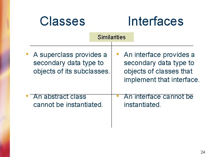 Classes Interfaces Similarities • A superclass provides a secondary data type to objects of