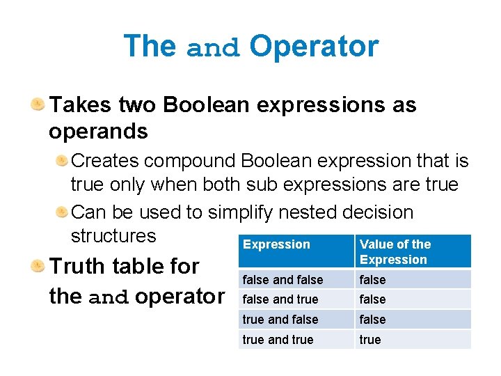 The and Operator Takes two Boolean expressions as operands Creates compound Boolean expression that