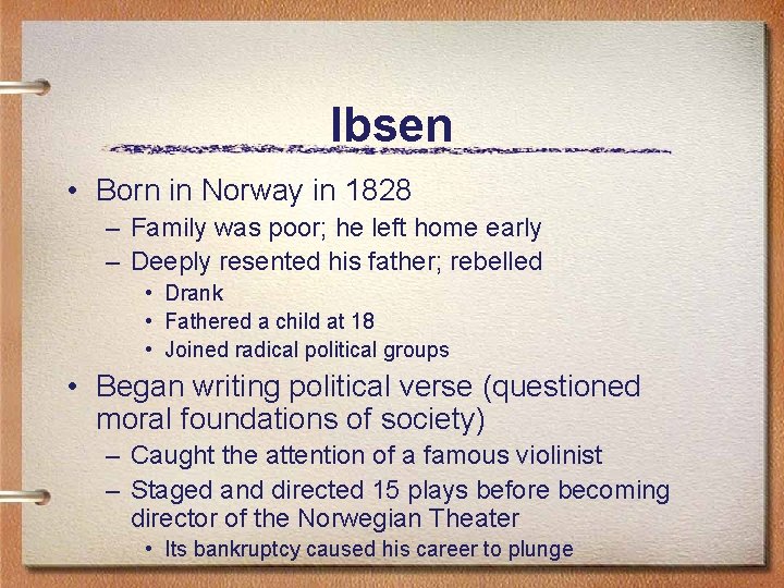 Ibsen • Born in Norway in 1828 – Family was poor; he left home