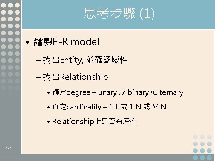 思考步驟 (1) • 繪製E-R model – 找出Entity, 並確認屬性 – 找出Relationship • 確定degree – unary