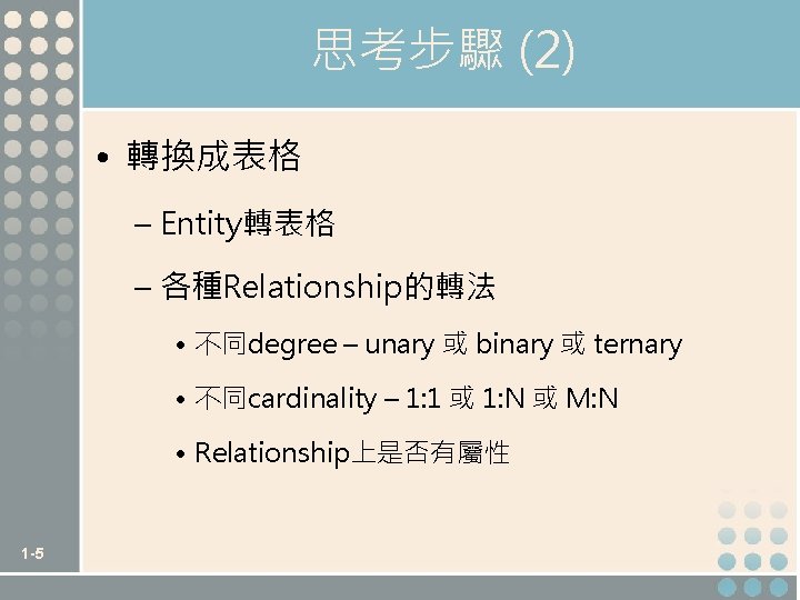 思考步驟 (2) • 轉換成表格 – Entity轉表格 – 各種Relationship的轉法 • 不同degree – unary 或 binary