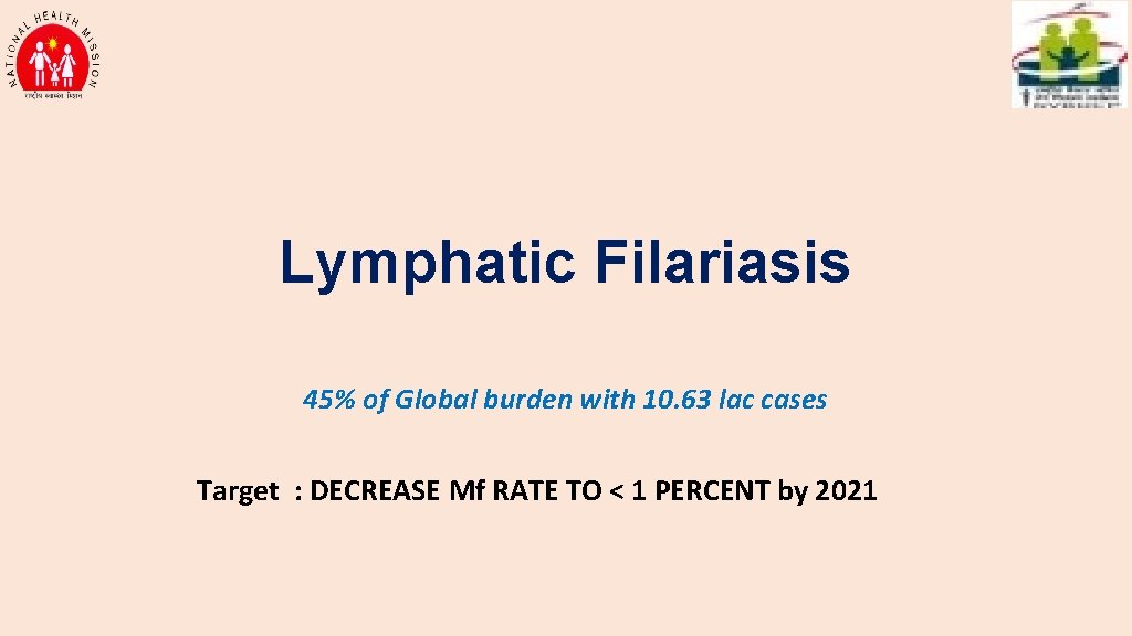 Lymphatic Filariasis 45% of Global burden with 10. 63 lac cases Target : DECREASE