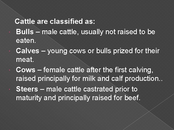  Cattle are classified as: Bulls – male cattle, usually not raised to be