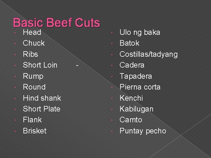 Basic Beef Cuts Head Chuck Ribs Short Loin Rump Round Hind shank Short Plate