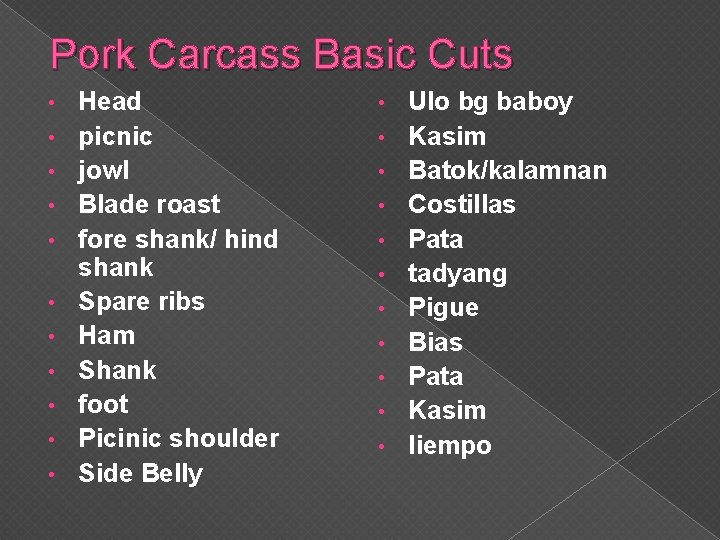 Pork Carcass Basic Cuts • • • Head picnic jowl Blade roast fore shank/
