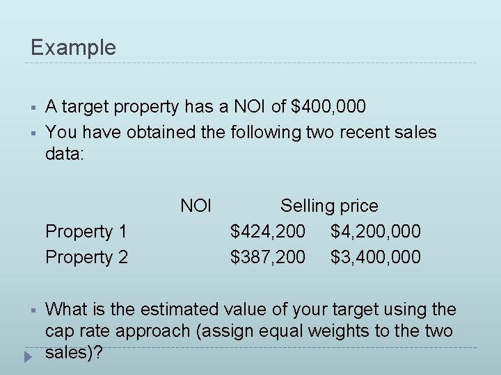 Example § § A target property has a NOI of $400, 000 You have